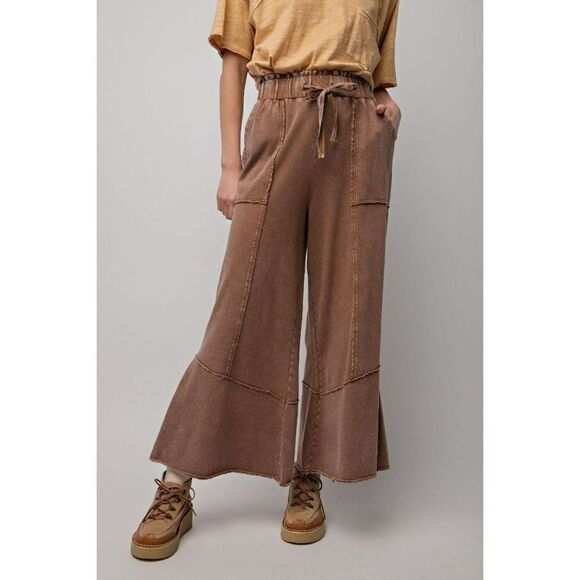 Easel Washed Terry Knit Wide Leg Boho Bohemian Pants in Choco Brown S-L EB40706 - Picture 2 of 5